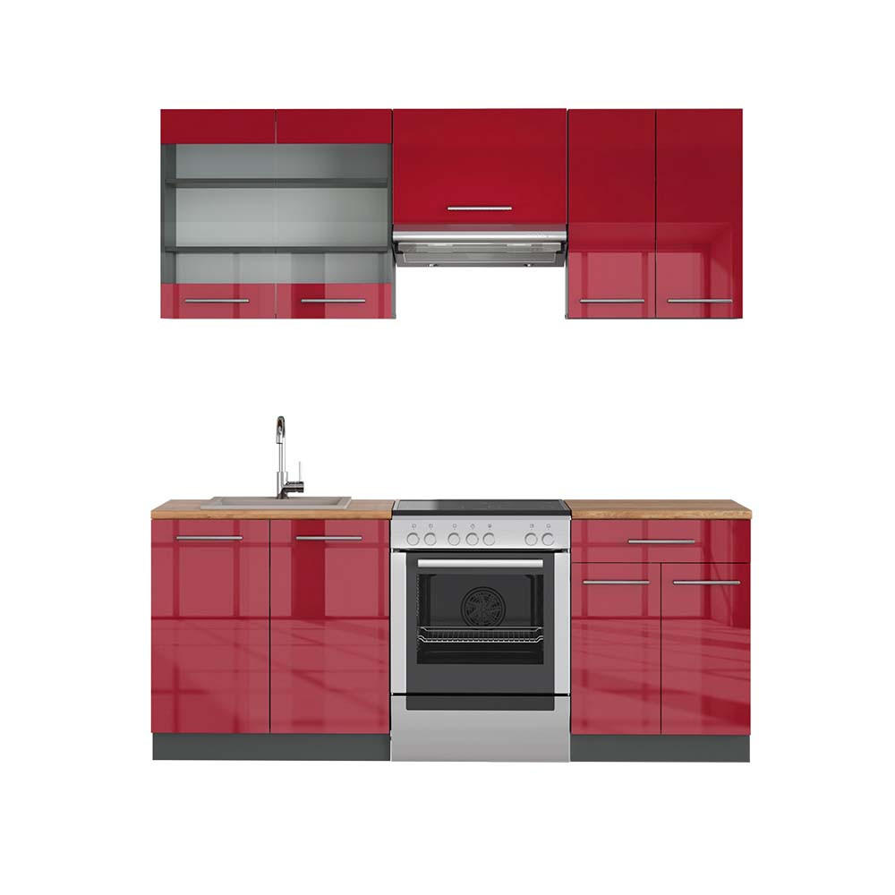 KÜCHENZEILE Fame-Line Bordeaux Hochglanz/Anthrazit 200 cm, AP Eiche - Bordeaux/Anthrazit, Holzwerkstoff (200/81.6/60cm) - Vicco