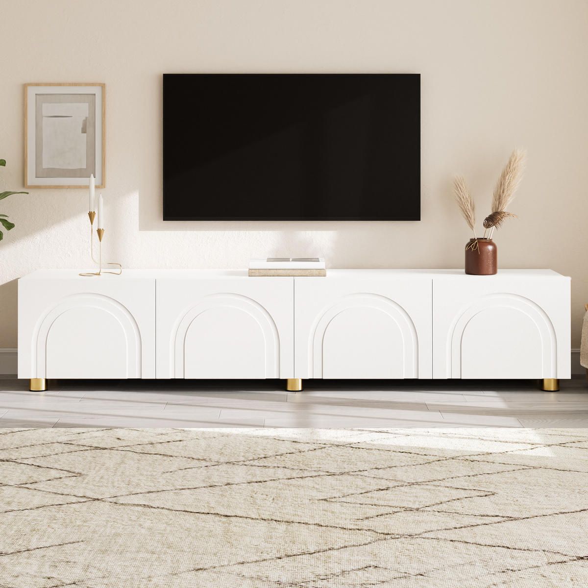 TV-SCHRANK Lowboard 4 Türen Bogenrelief Metallfüße - Weiß, Holzwerkstoff (35/40/180cm) - FLIEKS