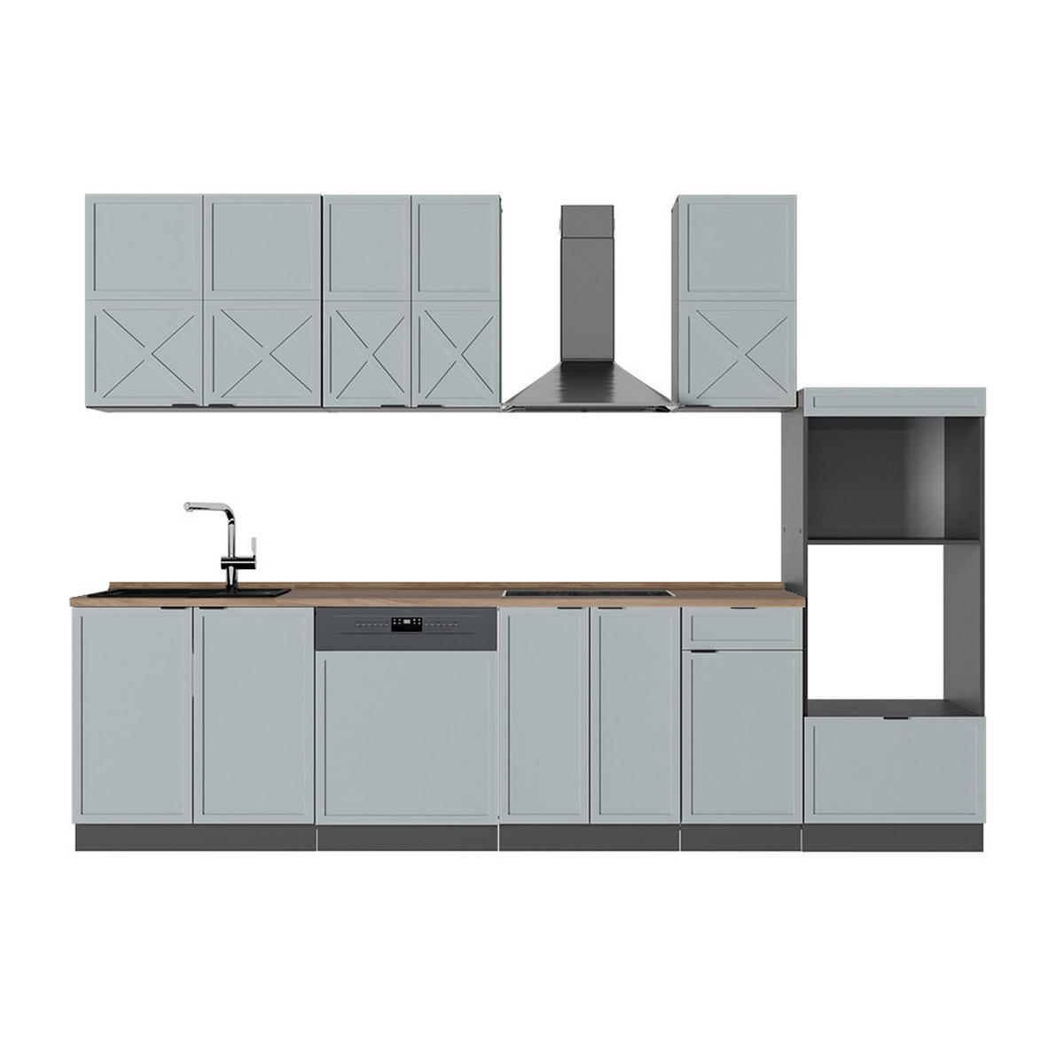 KÜCHENZEILE Fame-Line Hellblau-grau/Anthrazit 300 cm mit Hochschrank AP Eiche - Anthrazit/Blaugrau, Holzwerkstoff (300/81.6/60cm) - Vicco