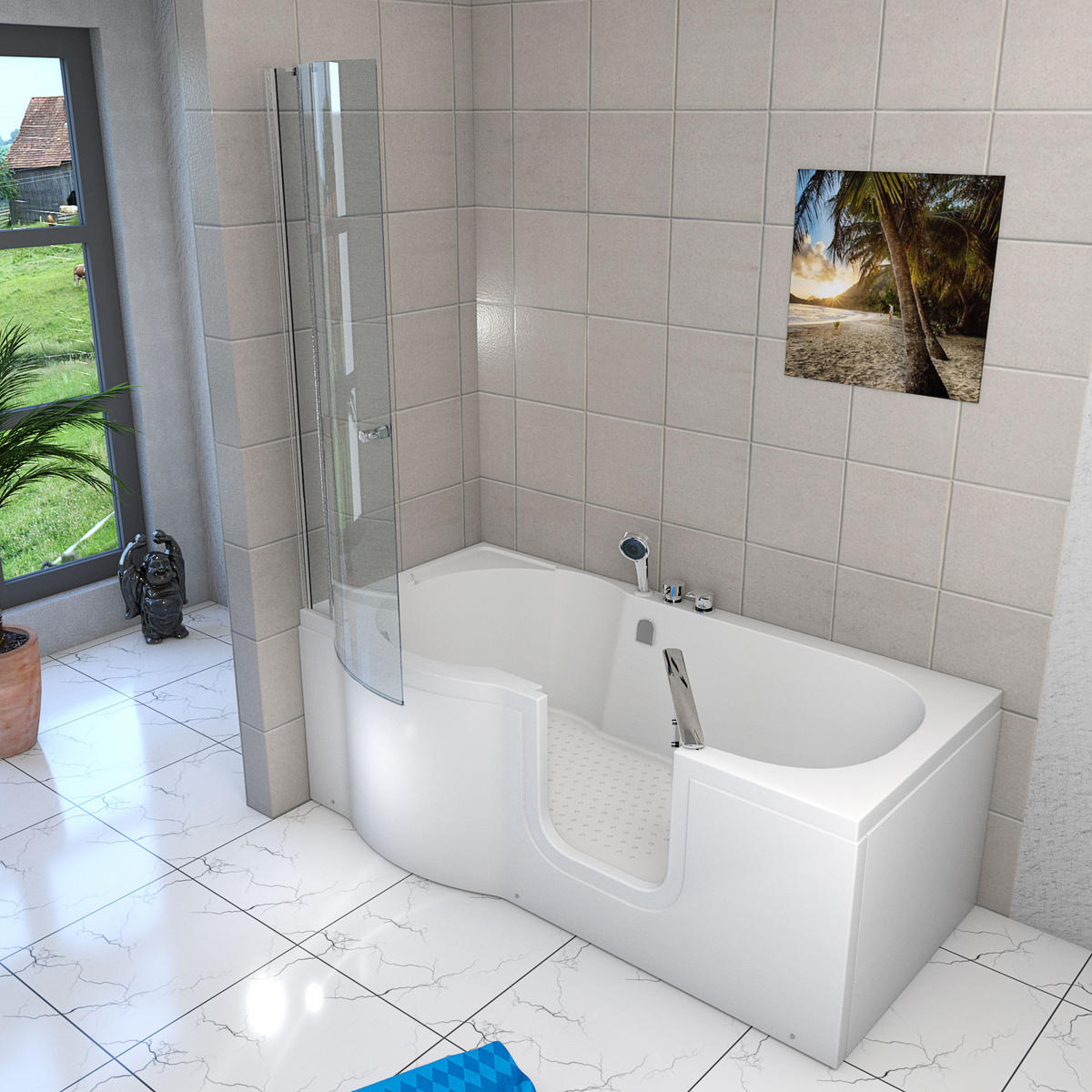 SENIORENDUSCHE mit Tür S12D-EH-R-EC 85x170 cm - Weiß, Glas/Kunststoff (85/170/200cm) - AcquaVapore by Sandra Jentho