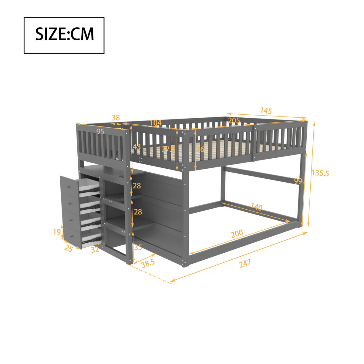 ETAGENBETT 140/200 cm grau mit Sicherheitsgeländer und Stauraum - Grau, Holz (140/200cm) - OKWISH