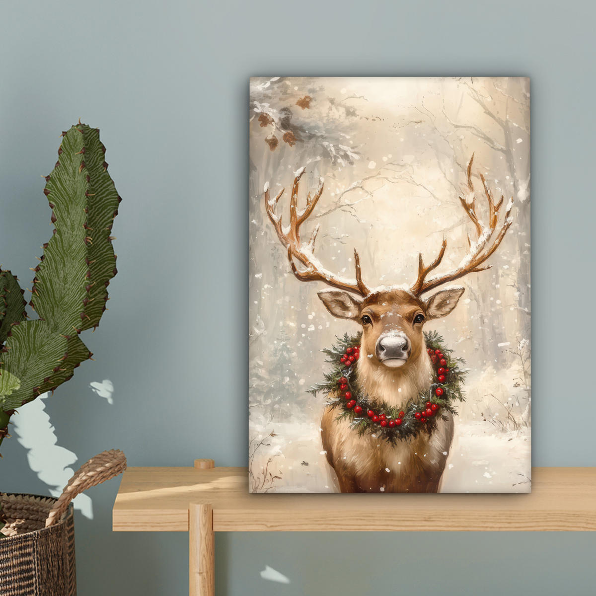 LEINWANDBILD Weihnachten - Rentier - Winter - Kranz Deko Wohnzimmer 20x30 cm - Braun, Textil (20/30cm) - MuchoWow