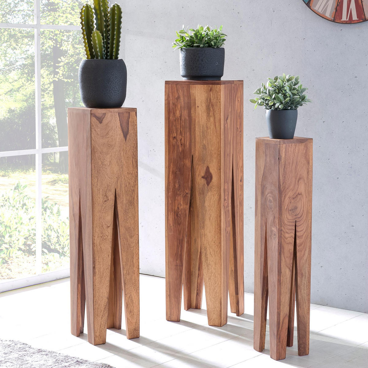 BEISTELLTISCH 3er Set Massivholz Handgefertigt Giraffenbeine, Beige 25x25x100 cm - Beige, Holz (25/25/100cm) - KADIMA DESIGN