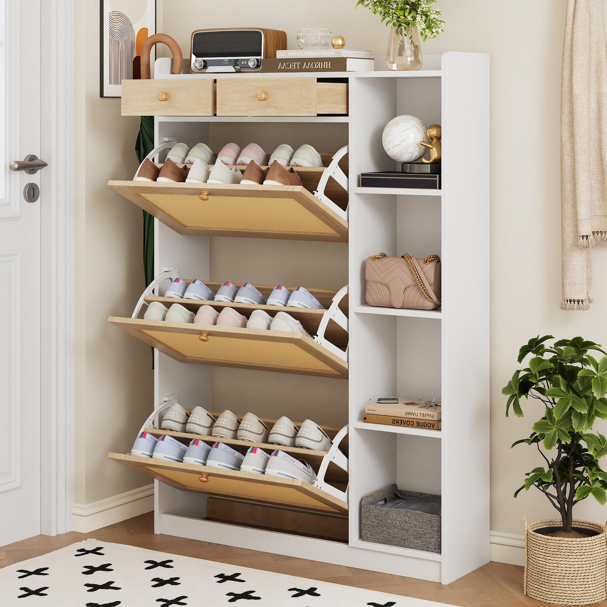 SCHUHSCHRANK 90x24x130cm Rattan mit 3 Klappen, 2 Schubl. - Weiß/Naturfarben, Holzwerkstoff (90/130/24cm) - FLIEKS