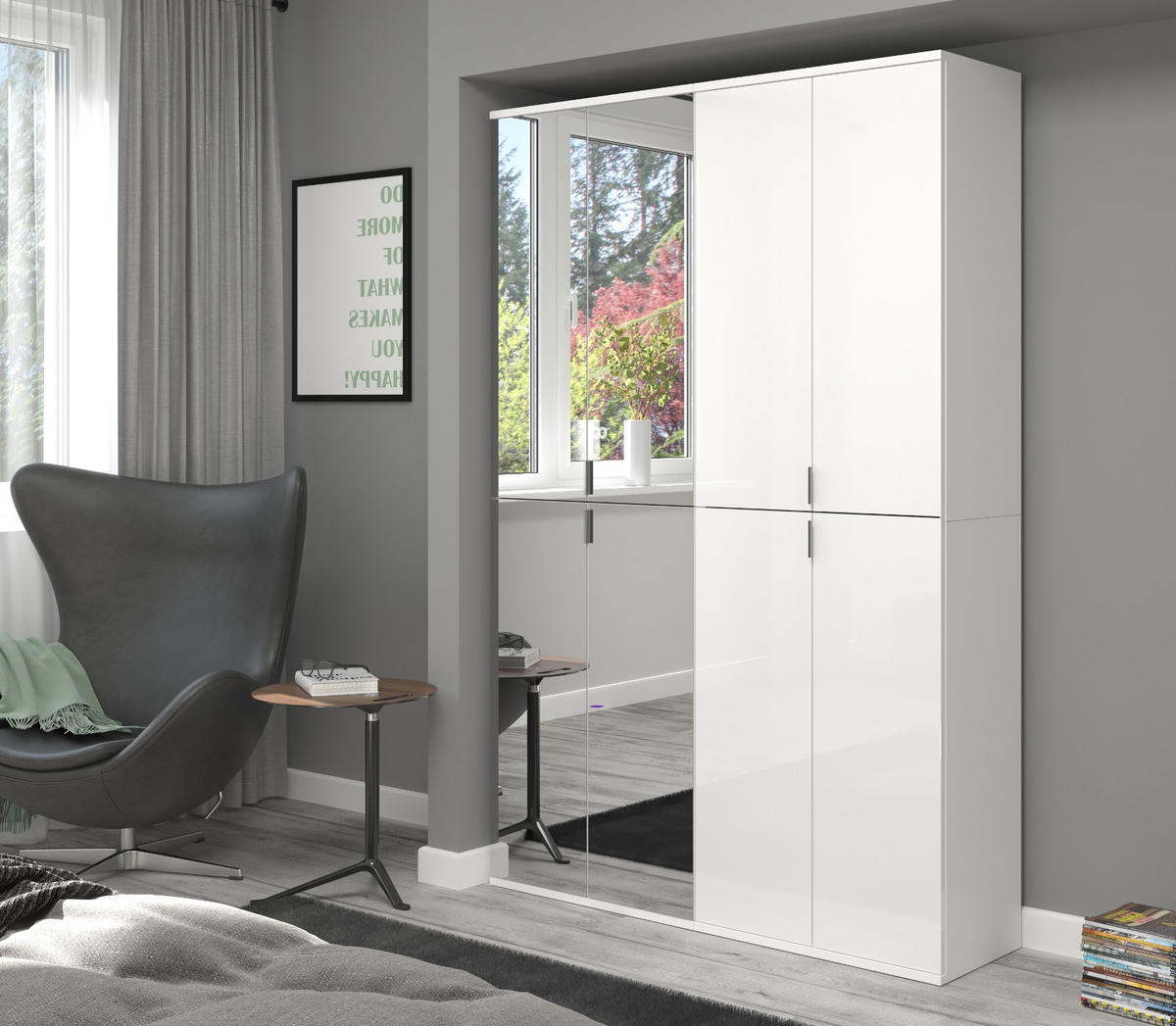 GARDEROBENSCHRANK weiß Hochglanz 122 cm, Schuhschrank mit Spiegel - Chromfarben/Weiß Hochglanz, Glas/Holzwerkstoff (122/193/34cm) - Inn.Furn
