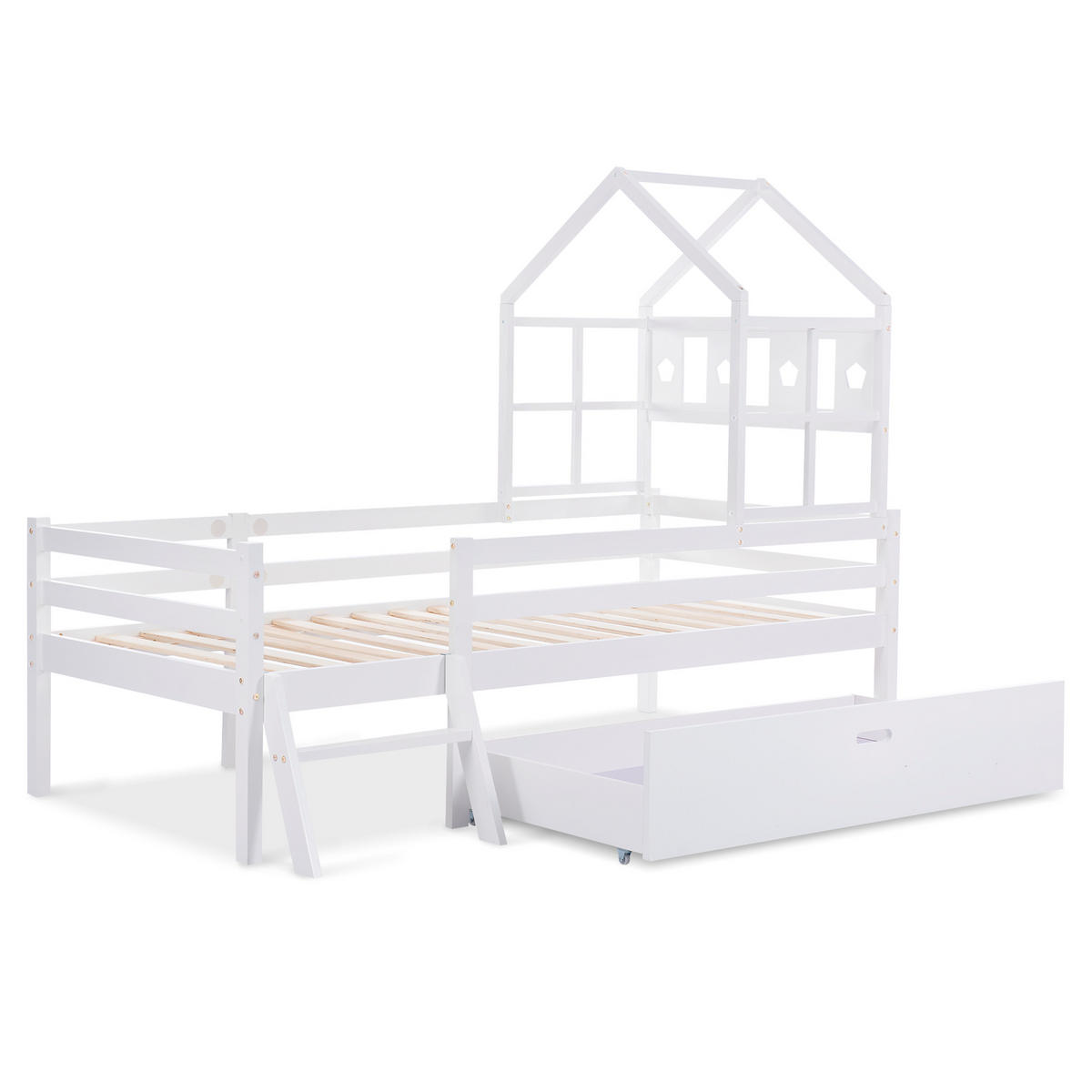 HOCHBETT 90/200 cm weiß mit Leiter und Schubladen aus Massivholz mit Matratze - Weiß, Holzwerkstoff (90/200cm) - OKWISH