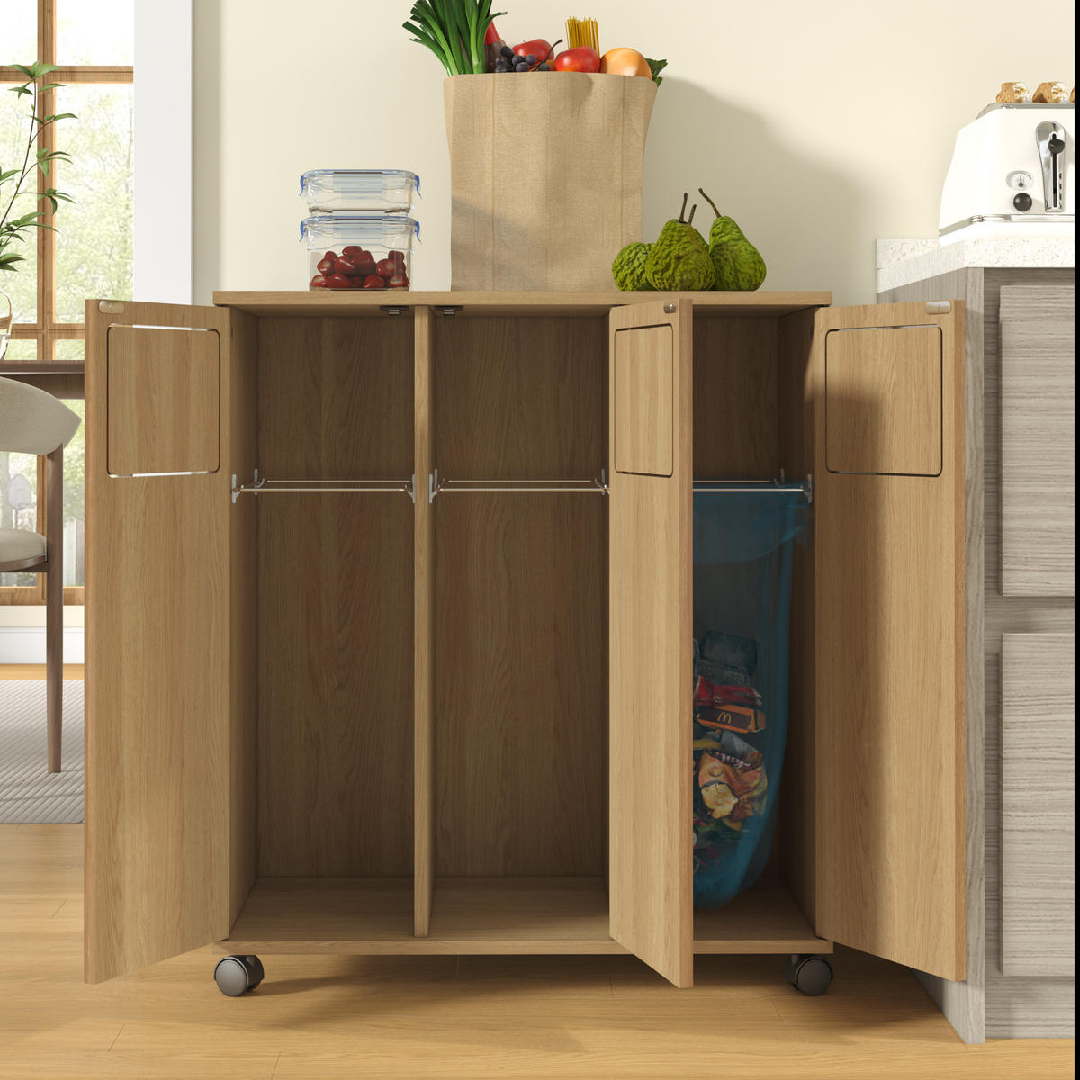 MÜLLSCHRANK DE-38851 69,3/35/80,3 cm 3 Fächer und Rollen Eiche-Optik - Naturfarben, Holzwerkstoff (69.3/80/35cm) - ComfortXL