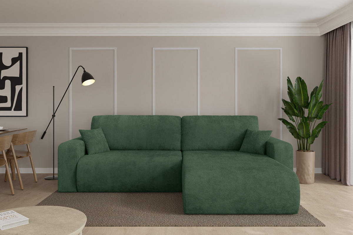 ROHOVÁ SEDAČKA s funkcí spaní, otoman vpravo BERY-L 276x193x88 zelená manšestr - černá/tmavě zelená, kompozitní dřevo/textil (276/193cm) - ALTDECOR