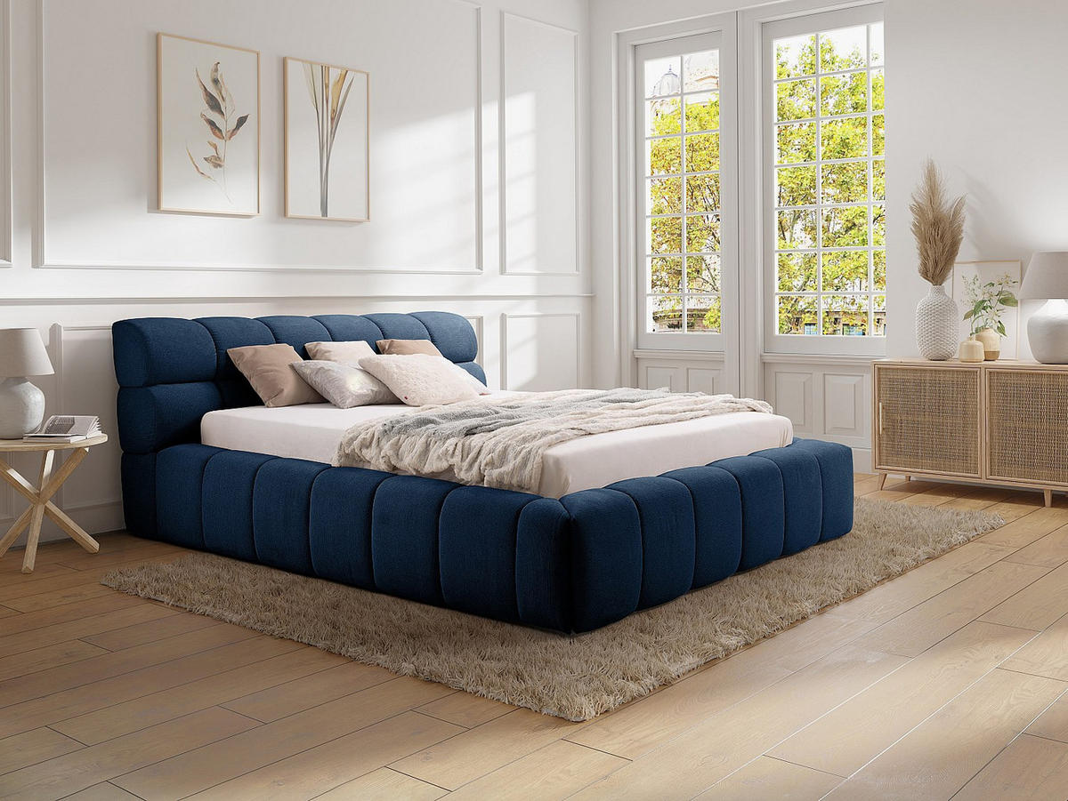 BETT mit Bettkasten - 2 Personen - Stoff - Marineblau - Dunkelblau, Textil (180/200cm) - Vente-Unique