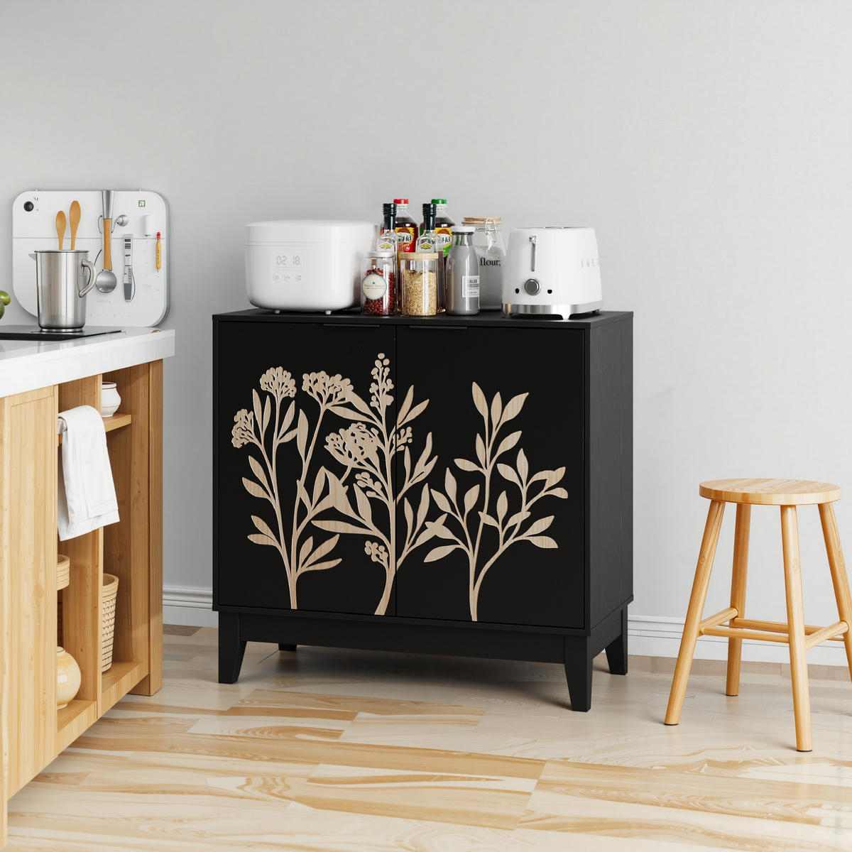 SIDEBOARD aus MDF Schwarz 80x38x76 cm mit floraler Schnitzerei, 2 Türen und verstellbarem Einlegeboden - Schwarz, Holzwerkstoff (80/76/38cm) - Modfu
