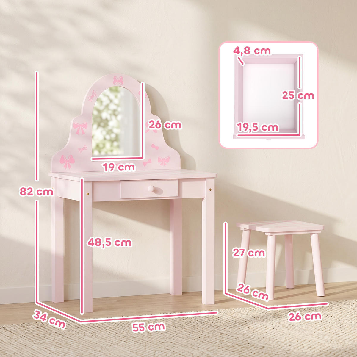KINDER-SCHMINKTISCH-SET MDF Acryl Rosa - Rosa/Weiß, Holz/Holzwerkstoff (34/82/55cm) - AIYAPLAY