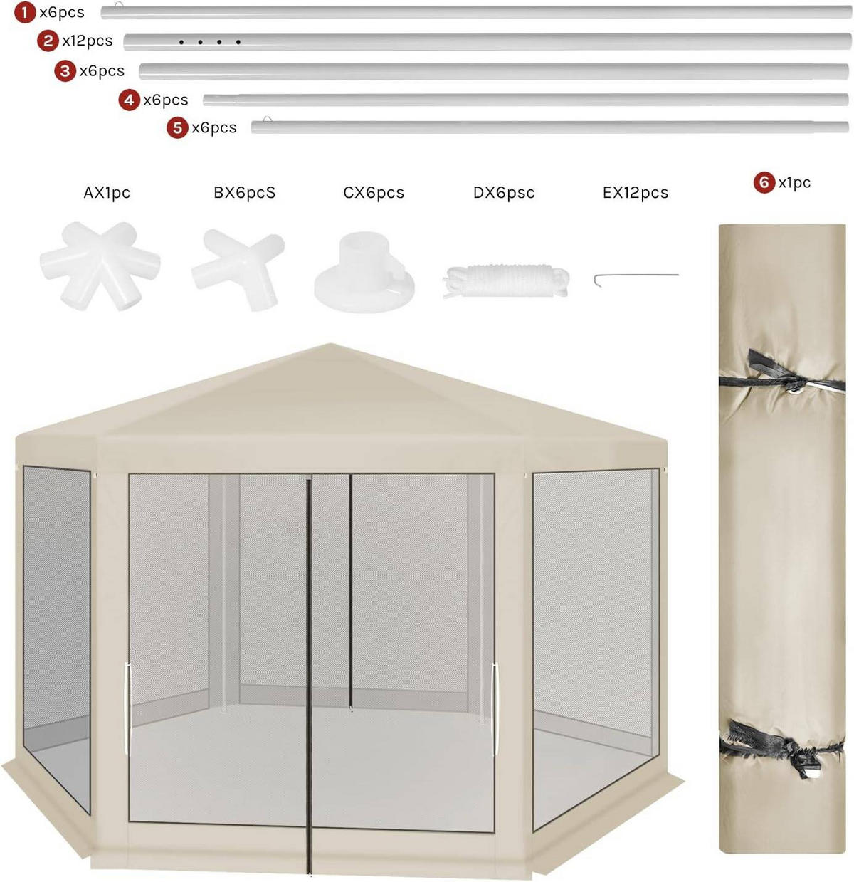 PAVILLON 3,8x3,3 m seckeckig, Gartenpavillon mit Seitenwänden Moskitonetz - Beige, Metall (380/250/330cm) - Woltu