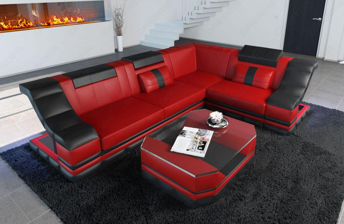 COUCH Bianchi Rot Schwarz Büffelleder - Rot, Leder (271/196cm)
