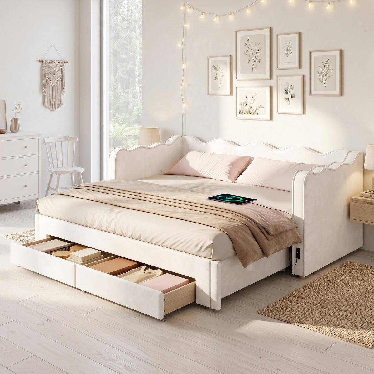 POLSTERBETT 90x200cm Ausziehbar Stauraum USB Samt Beige - Beige, Textil - FLIEKS