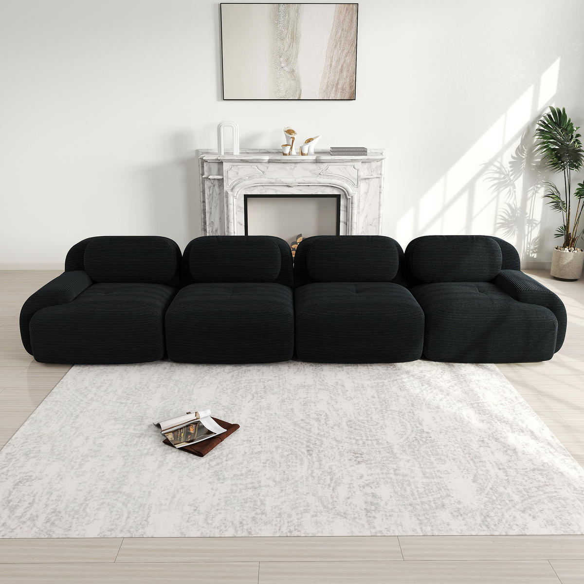 4-SITZER Sofa 388x103x75 cm aus Cordstoff rahmenlos modular, schwarz - Schwarz, Textil (103/75/388cm) - Luhomfu