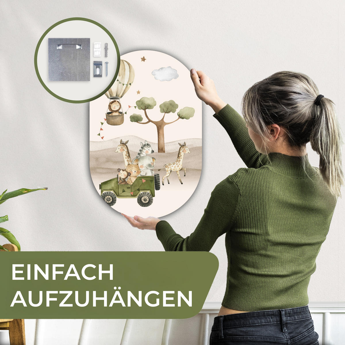 WANDBILD Wilde Tiere - Safari - Aquarell - Heißluftballon 40x60 cm - Beige, Kunststoff (40/60cm) - MuchoWow