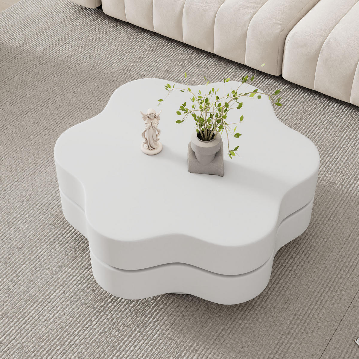 COUCHTISCH in Cremeweiß Blumenform-Wohnzimmertisch mit 360° drehbarer Tischplatte für Wohnzimmer, B74.8/T67.5/H31cm - Weiß, Holzwerkstoff (67.5/74.8/31cm) - STILVORA