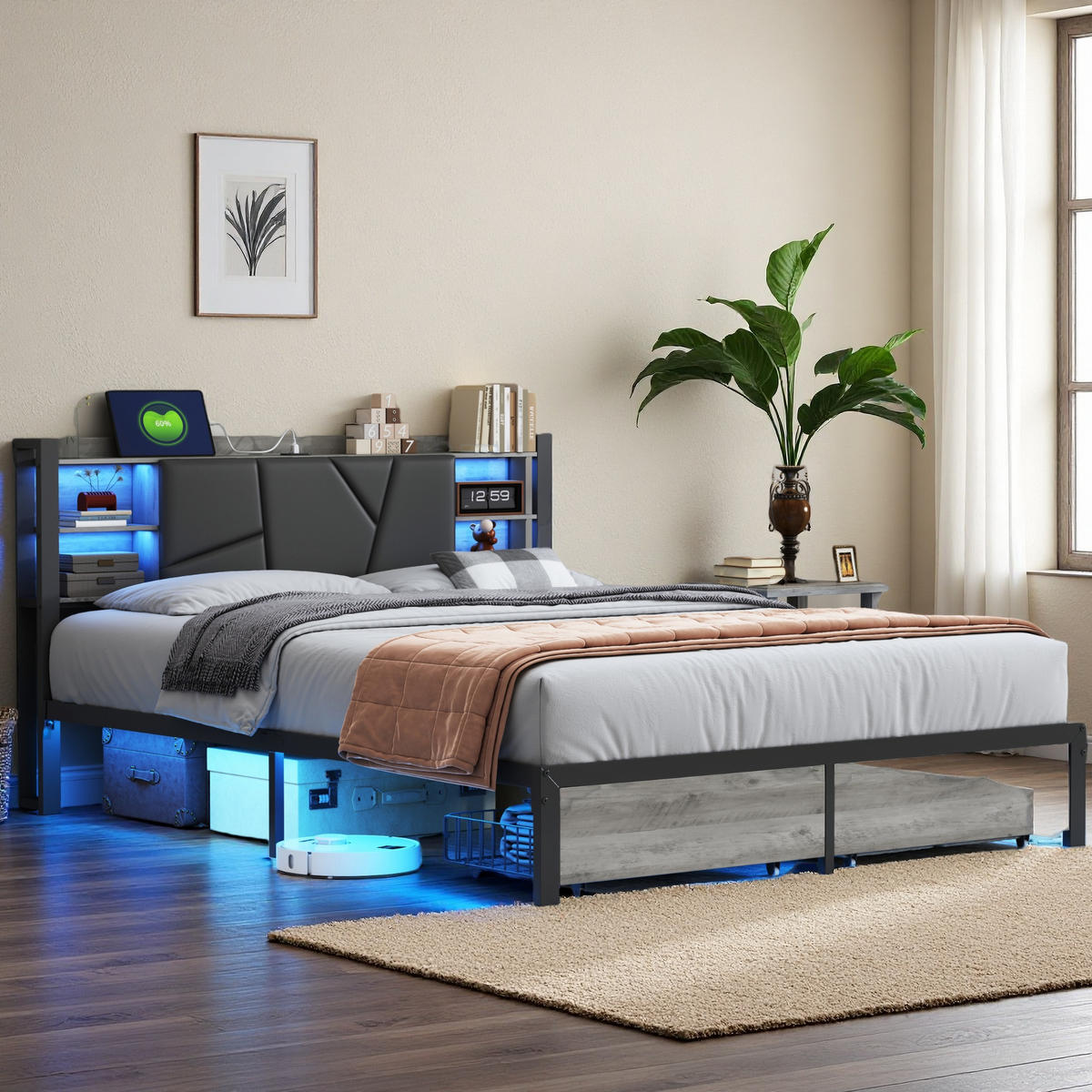 POLSTERBETT 160x200 cm Holz LED USB Schubladen - Grau, Holz (160/200cm) - SHOPENTRA