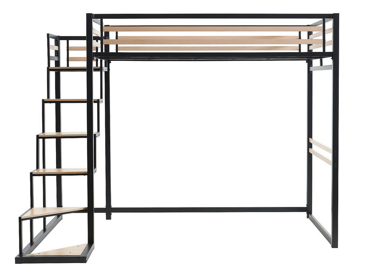 HOCHBETT mit Matratze - 140 x 200 cm - Metall & MDF - Naturfarben & Schwarz - JOGUI - Schwarz/Naturfarben, Metall - Vente-Unique