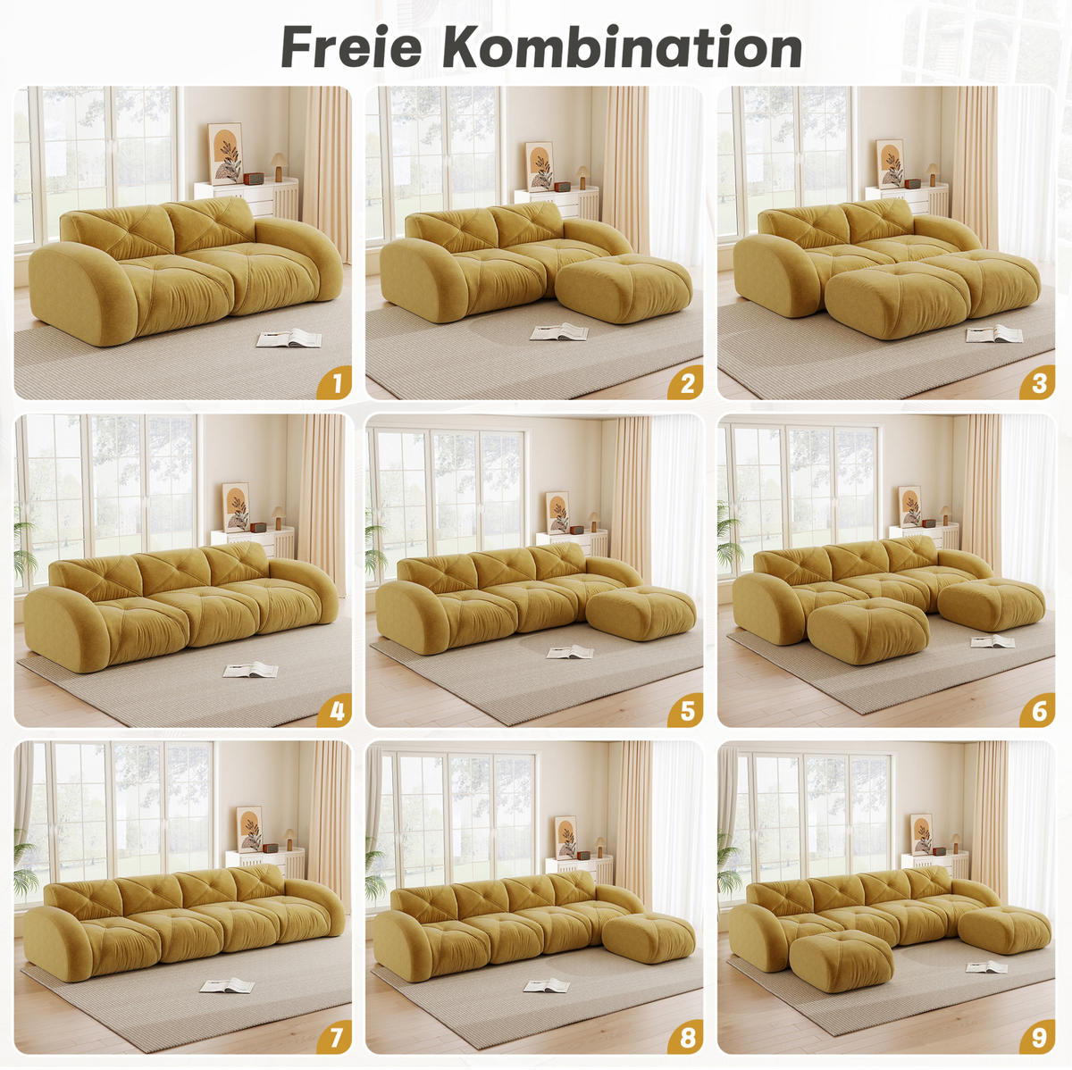 ECKSOFA in Gelb aus Chenille mit Hocker und flexibler Anordnung - Gelb, Textil (171/358cm) - Flora Grace