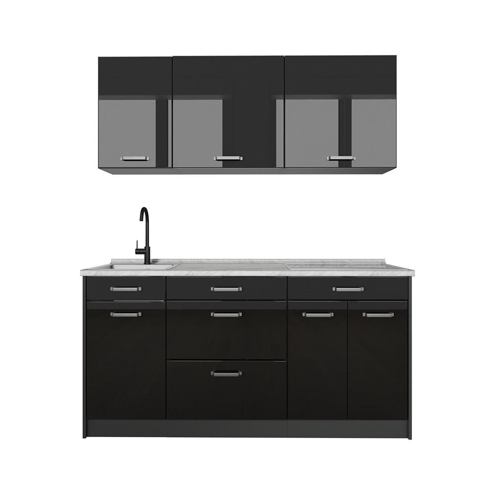 Vicco Singleküche Schwarz Hochglanz, Anthrazit 160x81.6x60 cm