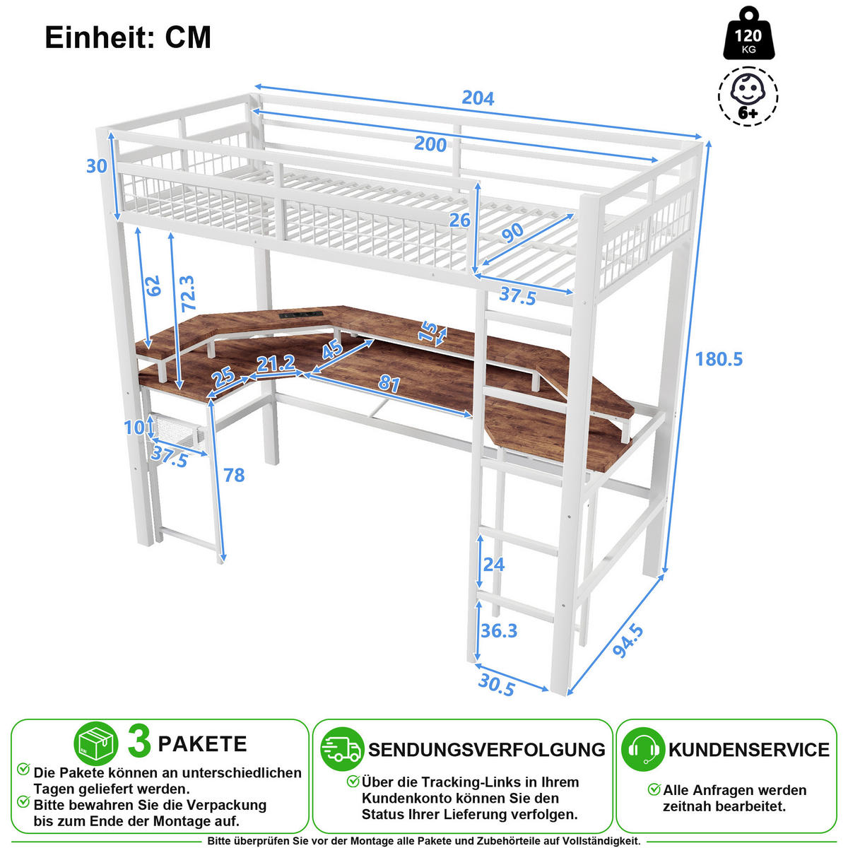 HOCHBETT 90/200 cm in Weiß mit LED, Schreibtisch und USB - Weiß, Holzwerkstoff/Metall (90/200cm) - CHICFURN