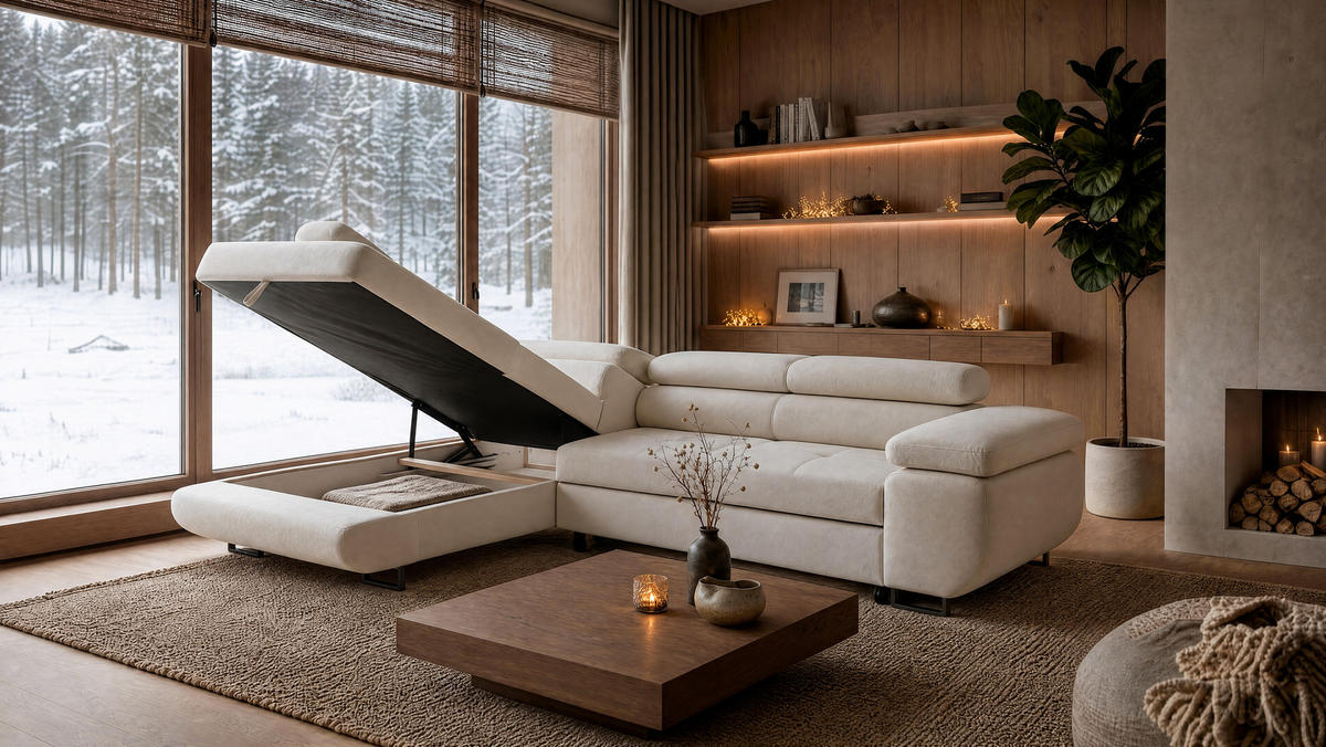 ECKSOFA Velmo mit Bettkasten und Schlaffunktion, verstellbaren Kopfstützen, in L-Form - Beige, Textil (275/203cm)