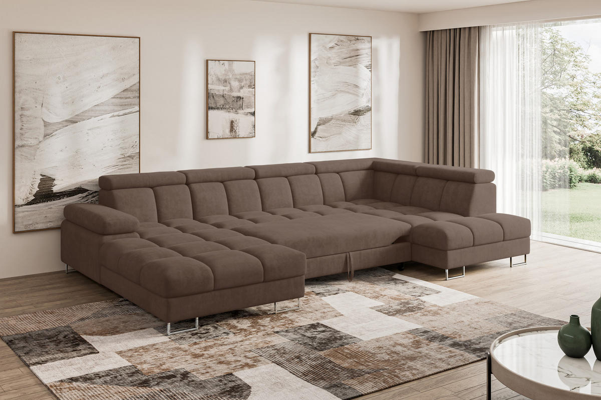 WOHNLANDSCHAFT mit Schlaffunktion und Bettkasten Ottomane RECHTS COMA U 345x203x79 Braun Velours - Braun, Holzwerkstoff/Textil (203/79/345cm) - ALTDECOR