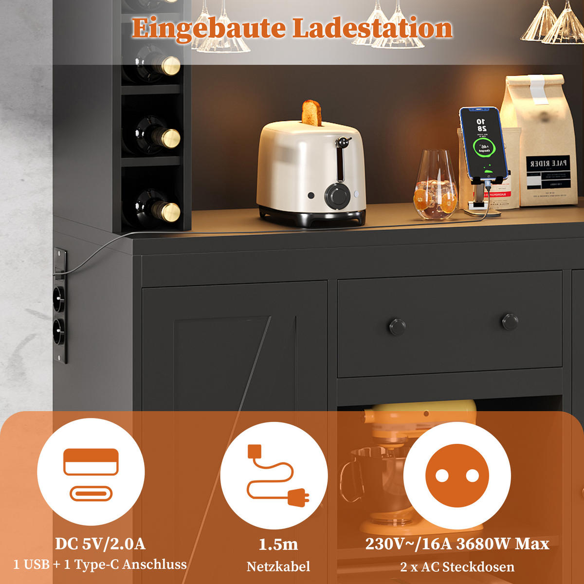BUFFET 105/39/180 cm Schwarz mit 1 Schublade, Weinflaschenfächern und farbwechselnder LED-Beleuchtung - Schwarz, Holz (105/180/40cm) - Oxeza