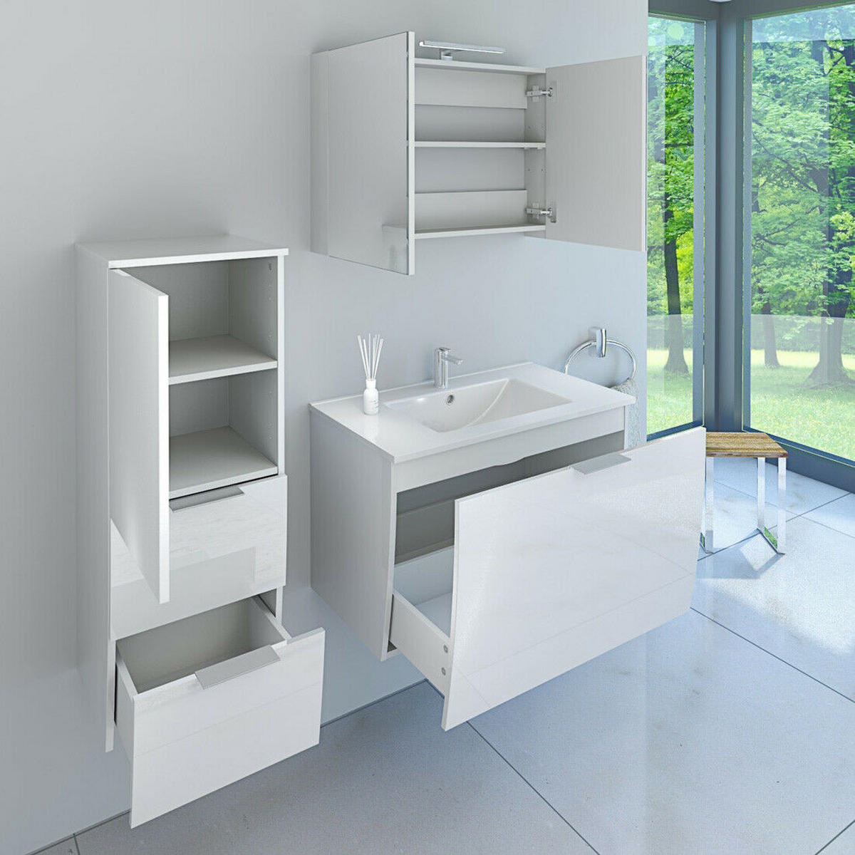 BADMÖBEL Set Gently 1 V2 L Weiß MDF Waschtisch 80cm - Weiß, Glas/Kunststoff (46/52/80cm) - AcquaVapore by Sandra Jentho