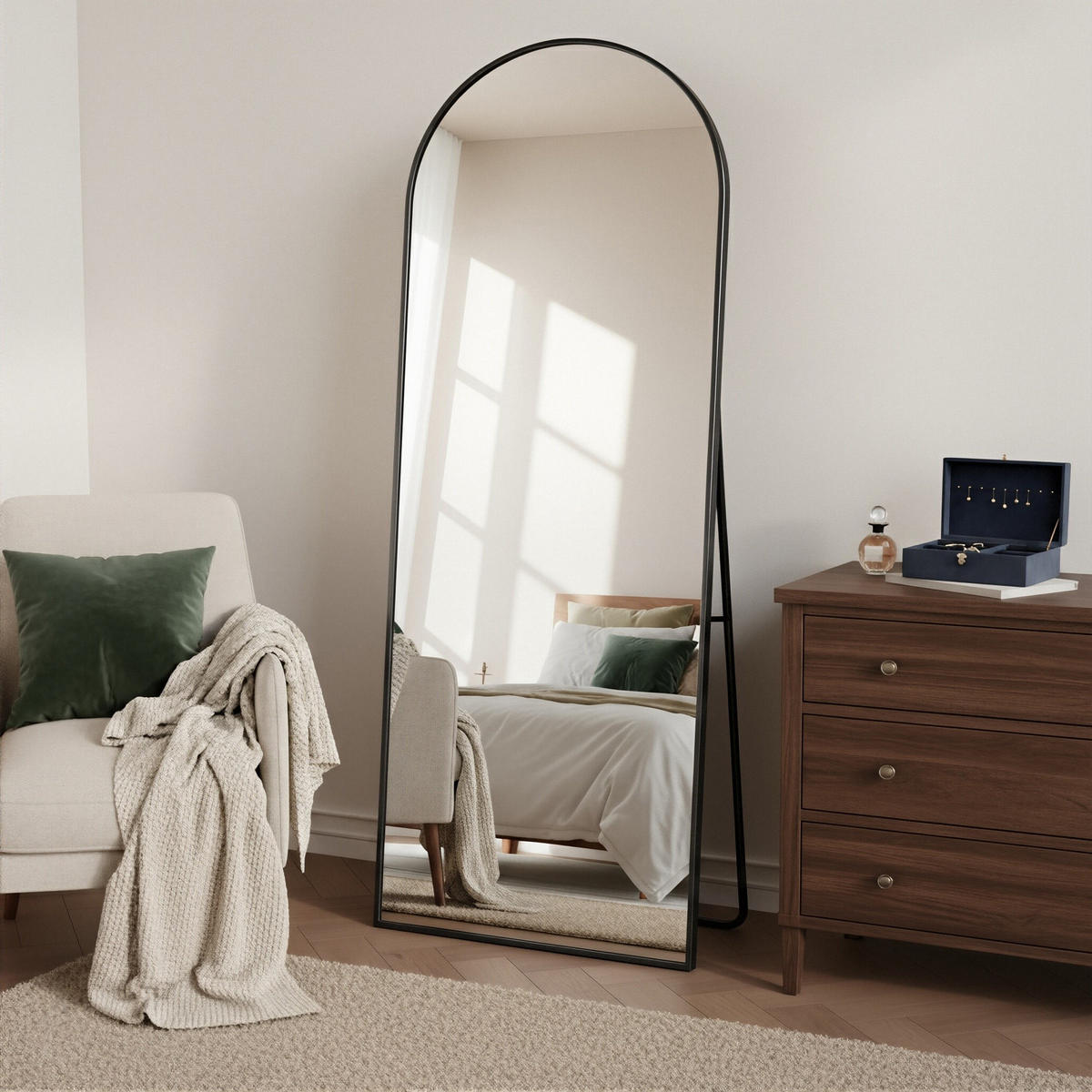 GANZKÖRPERSPIEGEL Bogen-Design mit U-Standfuß & Aluminiumrahmen 162/53 cm Schwarz - Schwarz, Glas/Metall (53/162/3cm) - Creahappy