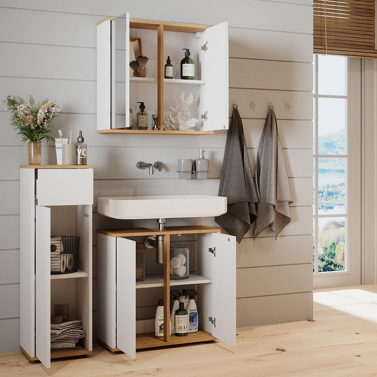 BADMÖBEL-SET Didi Weiß/Artisan 3 Teile Midischrank mit mit Schubladen 60 cm - Weiß/Eiche Artisan, Holzwerkstoff (60/62/30cm) - Vicco