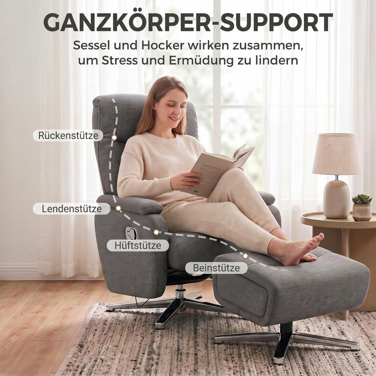 RELAXSESSEL-MIT-HOCKER 2er Set Leinenoptik Dunkelgrau - Dunkelgrau/Silberfarben, Holzwerkstoff/Textil (80/102/85.5cm) - HOMCOM