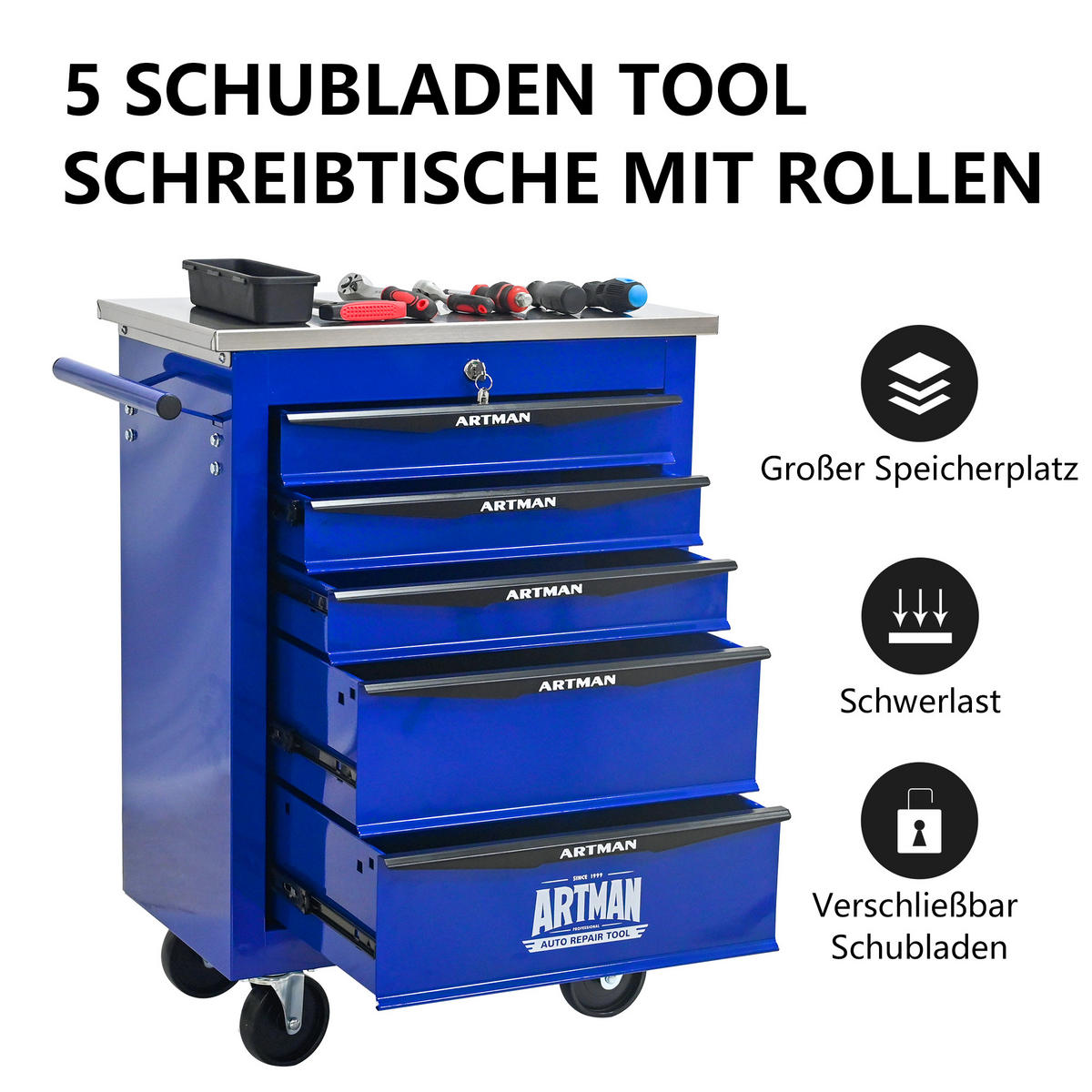 WERKZEUGWAGEN Metall mit Rollen – 5 Schubladen, Edelstahlablage, Werkstattwagen für Garage & Werkstatt, Schwarz/Blau - Blau, Metall (34.5/78/62.5cm) - Ej. Life