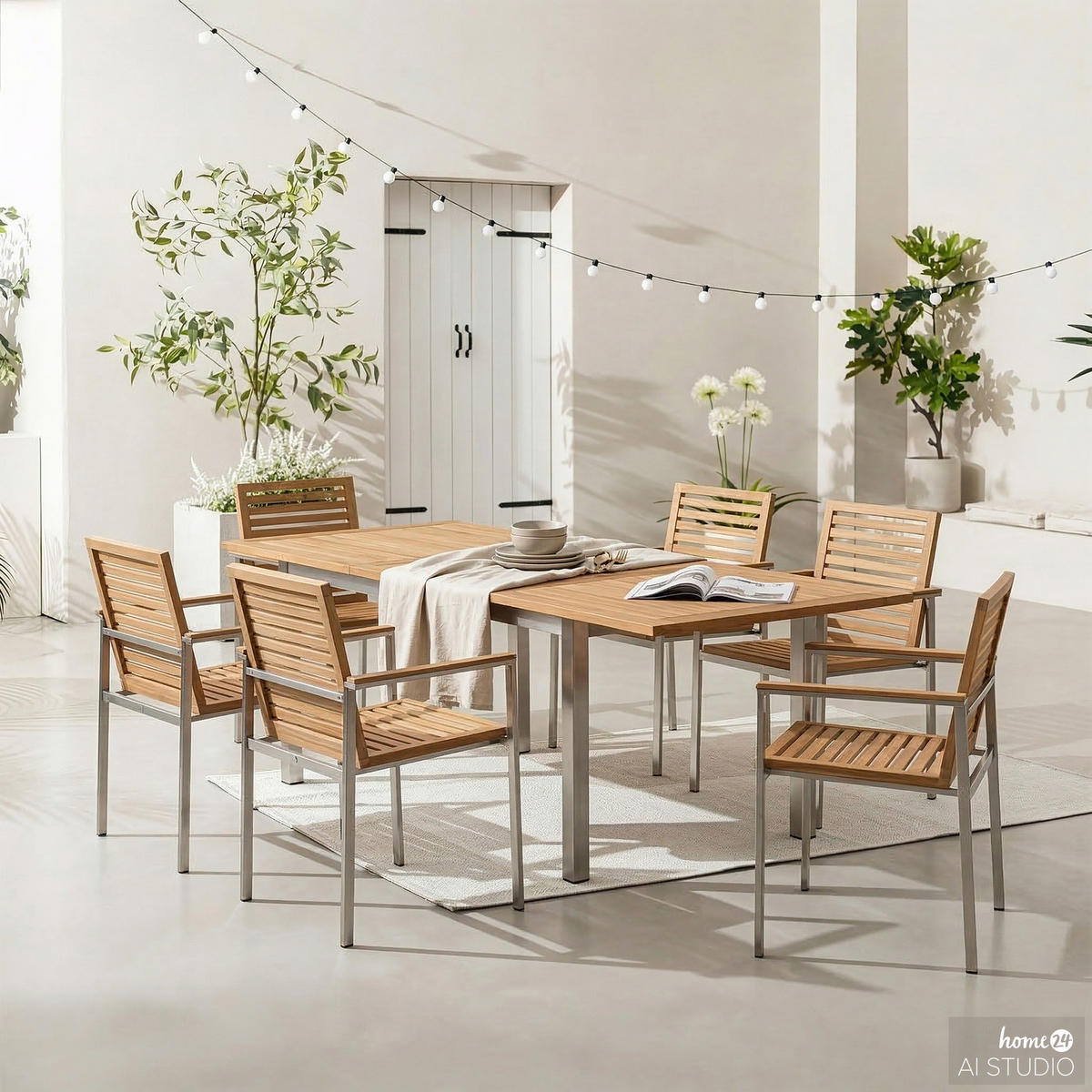 ESSGRUPPE KOMBI A PLUS - 7-teilig - Teak massiv / Edelstahl - Silberfarben/Braun, Holz/Metall - home24