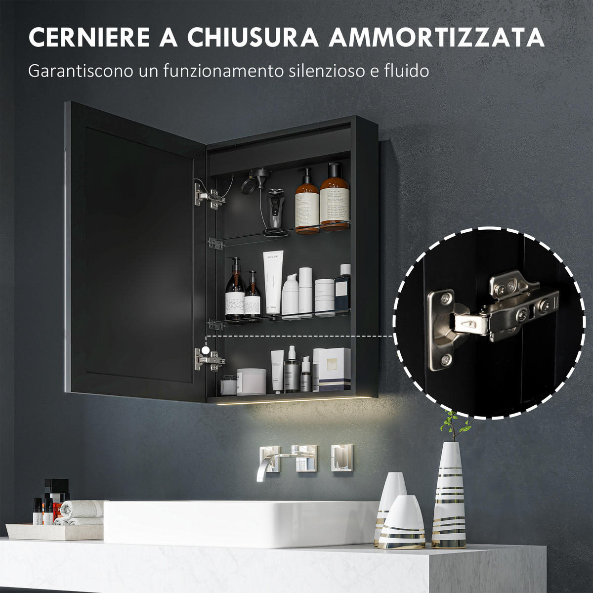 SPIEGELSCHRANK, verstellbarer LED-Beleuchtung und Antibeschlagfunktion,50*12.8*70cm, Schwarz - Schwarz, Glas (50/70/12.8cm) - Vallsero