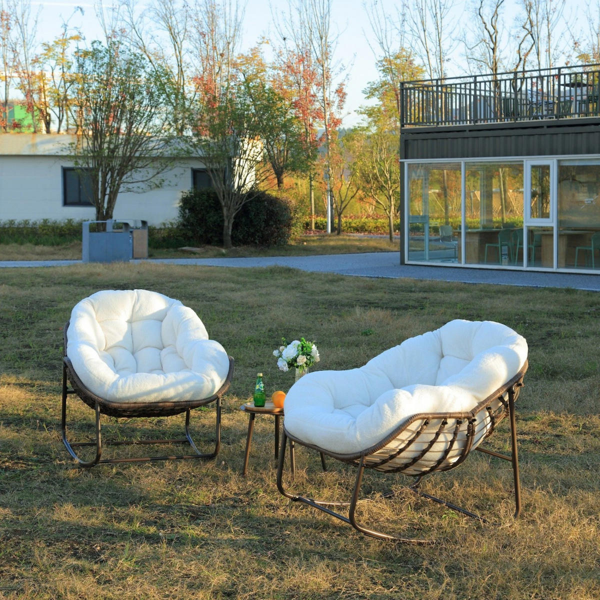 SCHAUKELSTUHL Schaukelsessel,Rattanstuhl mit Stahlrahmen,Weiß-Fleece - Weiß, Metall (94.5/80/111cm) - LVHOM