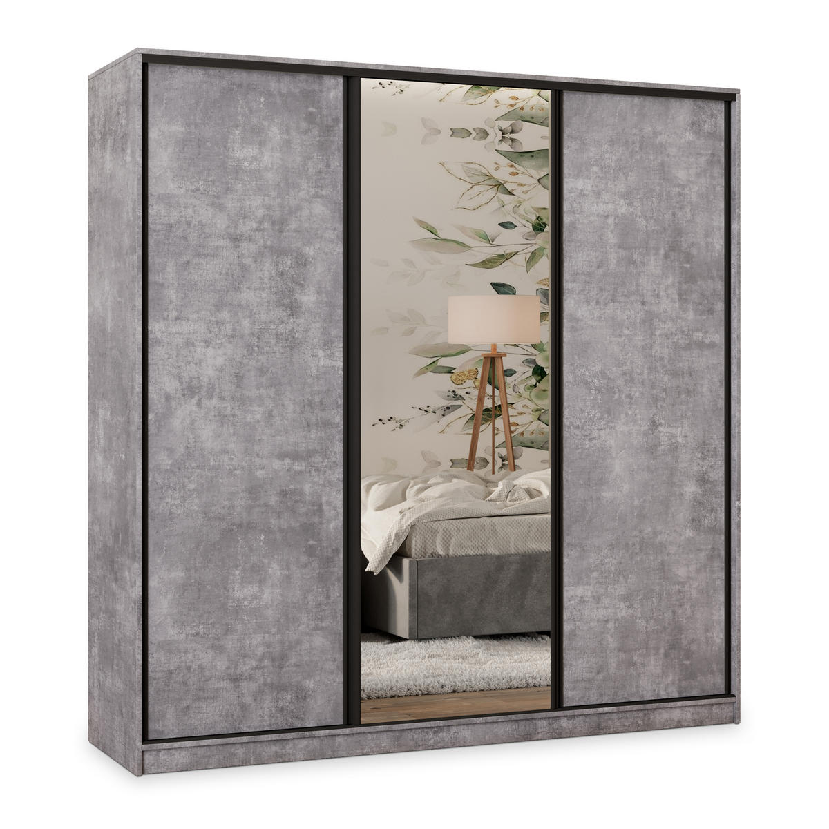 SCHWEBETÜRENSCHRANK TARI 180/205/58 cm 3-türig mit Spiegel und Schubladen Titanfarben - Titanfarben/Schwarz, Holzwerkstoff (180/205/58cm) - MASSENO