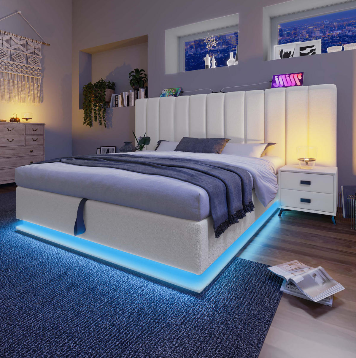 POLSTERBETT 180/200 cm weiß aus PU mit LED, Stauraum und Matratze - Weiß, Textil (180/200cm) - OKWISH