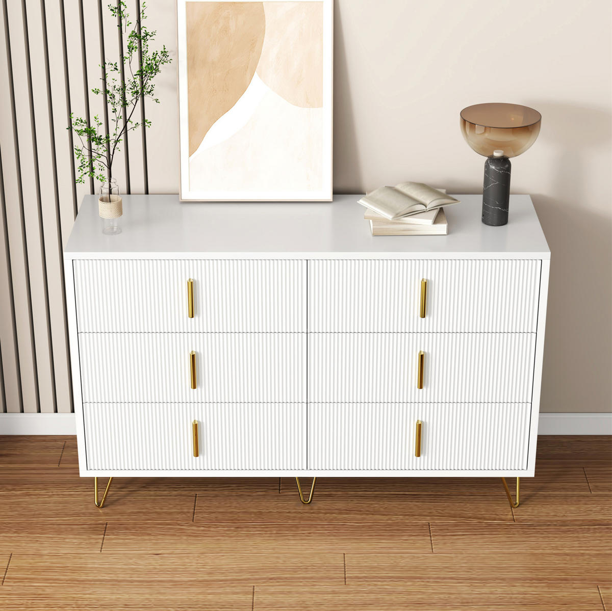 SIDEBOARD 120/77/40 cm Weiß/Gold aus Spanplatte mit 6 Schubladen - Weiß, Holzwerkstoff (40/77/120cm) - OKMYHOME