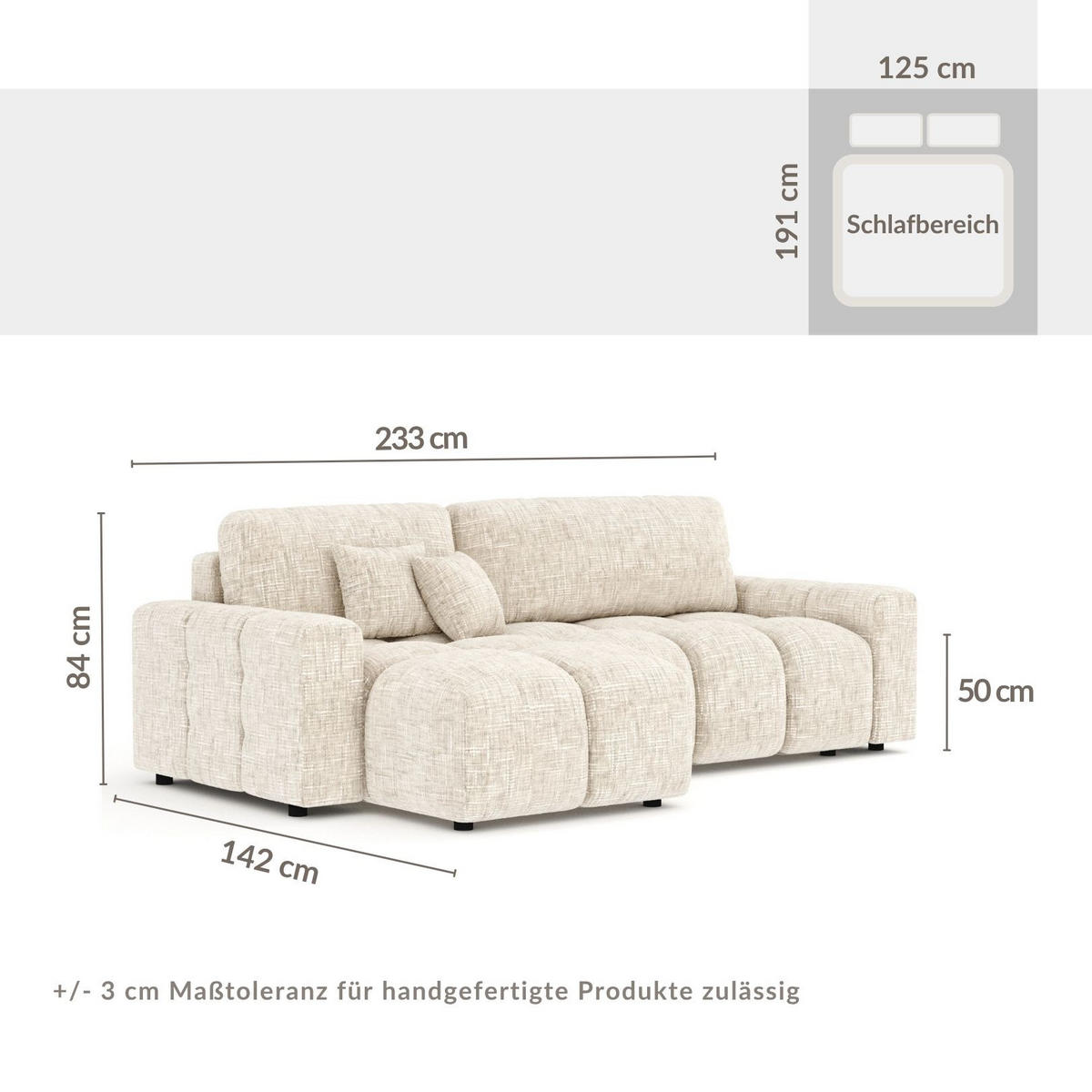 ECKSOFA MIT SCHLAFFUNKTION Ucci Creme Webstoff - Creme/Schwarz, Holz/Holzwerkstoff (233/142cm) - Maison de Reve