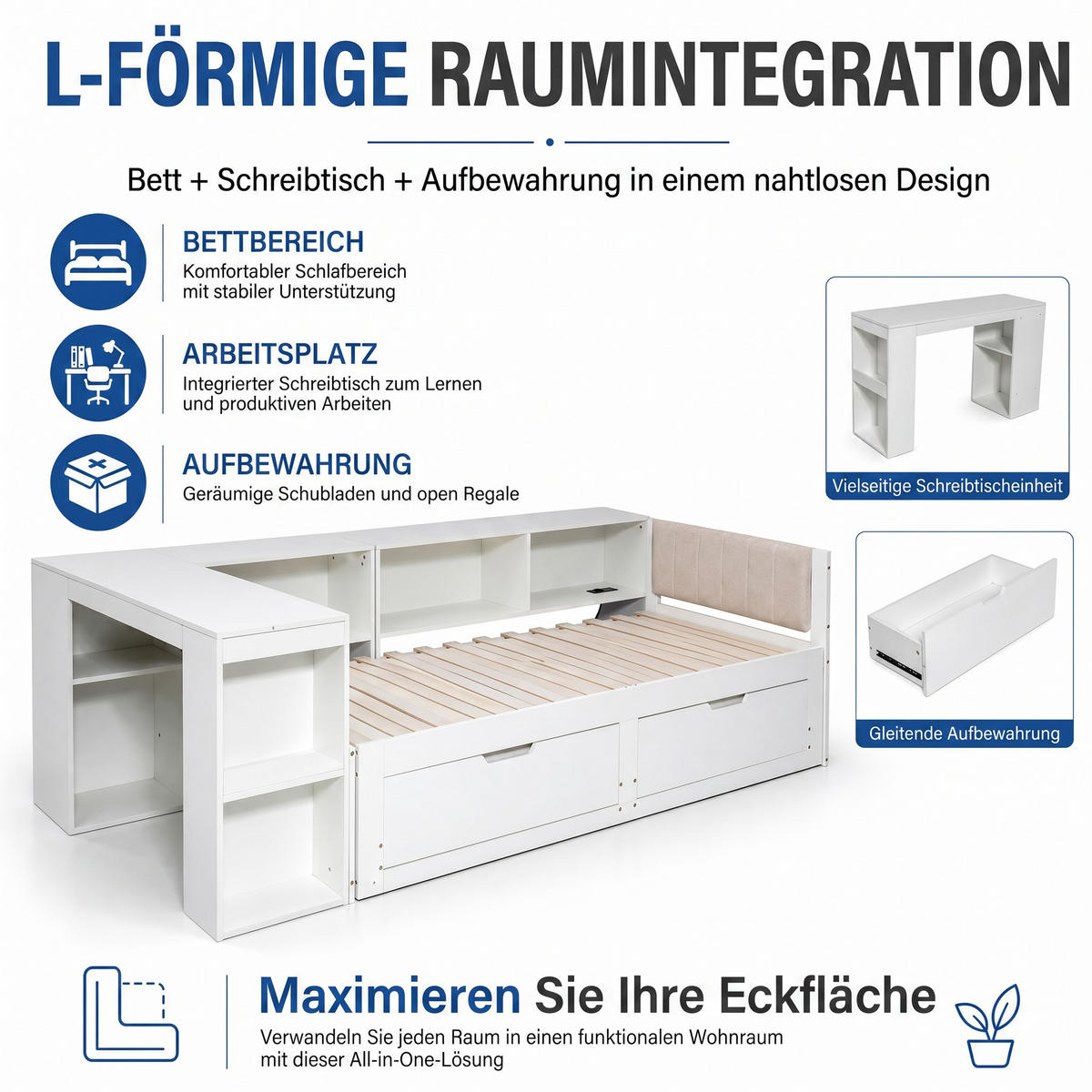 BETTANLAGE 90/200 cm in Mattweiß mit Schreibtisch, Schubladen und Steckdose - Weiß, Holzwerkstoff/Metall (90/200cm) - WISHDOR