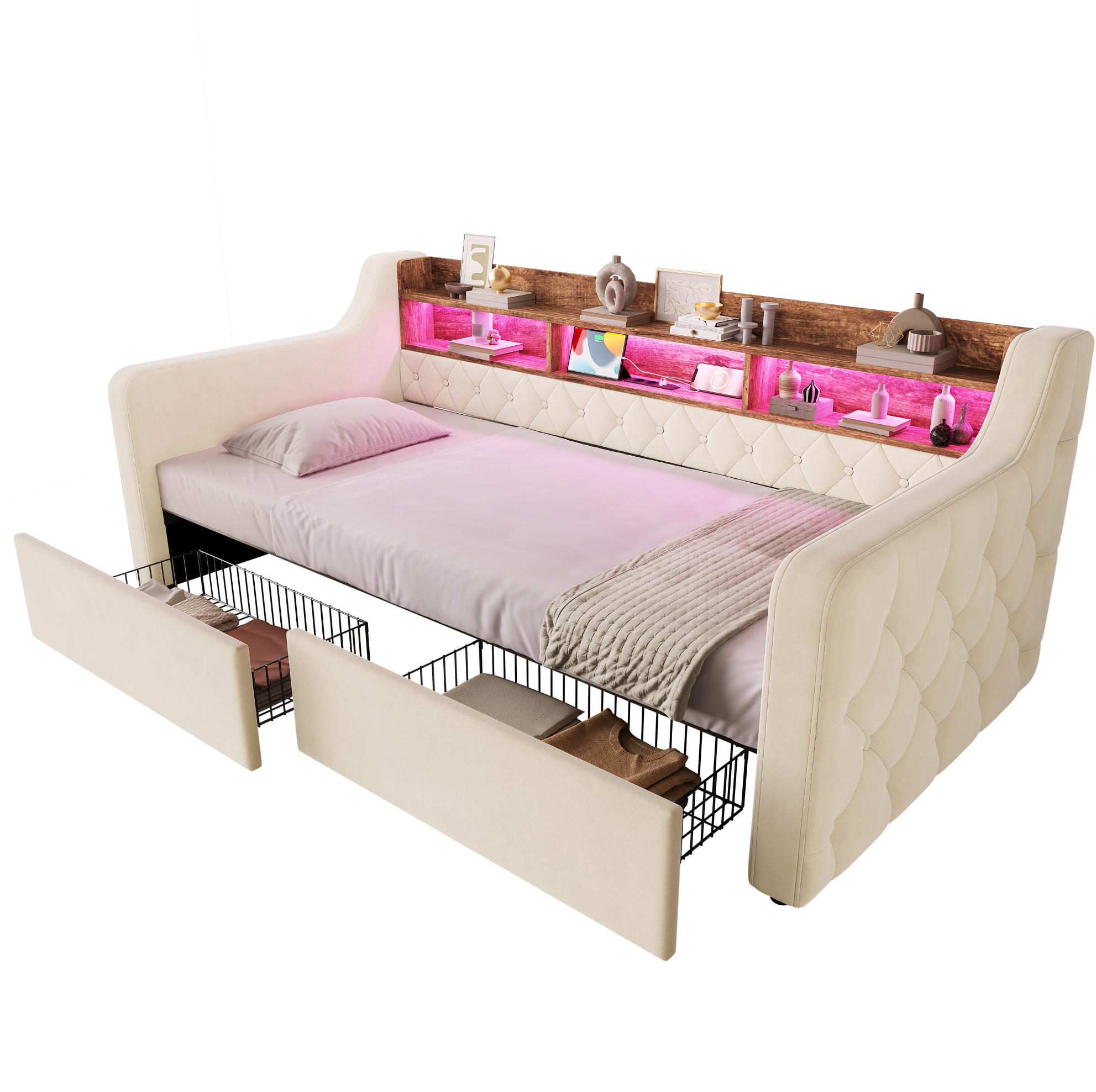 POLSTERBETT aus Velvet 90x190 cm Beige mit LED-Beleuchtung, Ladefunktion und 2 Schubladen - Beige, Textil (90/190cm) - Modfu