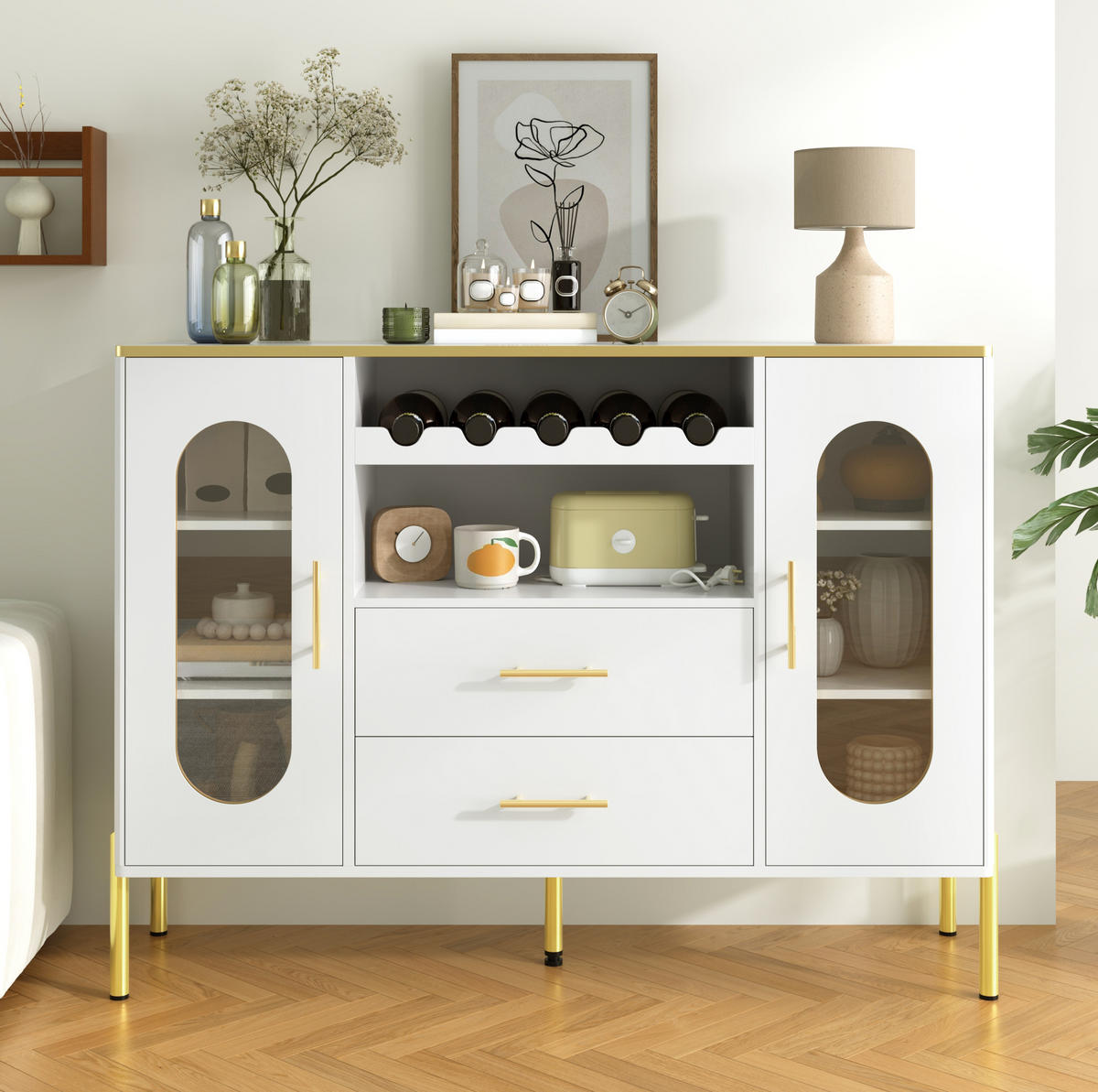 SIDEBOARD mit Glasfronten und integriertem Weinregal, 120/38/90 cm, Weiß mit goldenen Akzenten - Weiß, Holzwerkstoff (120/90/38cm) - Redom