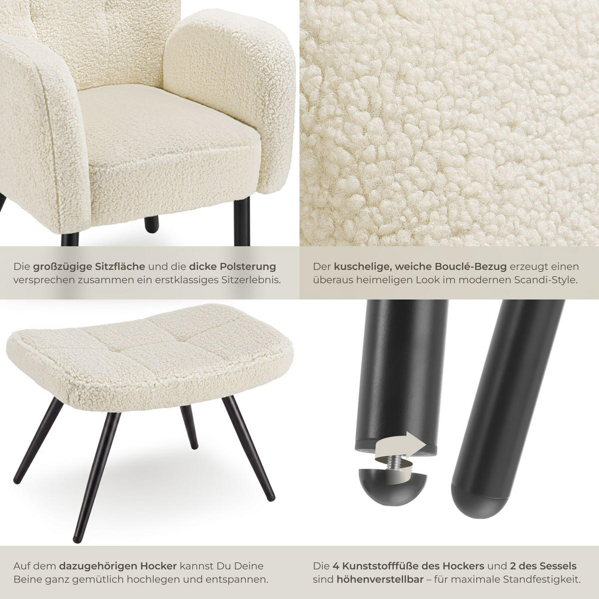 SESSEL MIT HOCKER Vänersborg, Belastbarkeit 120 kg, Bouclé creme/schwarz - Creme/Schwarz, Kunststoff (72/92/71cm) - tectake
