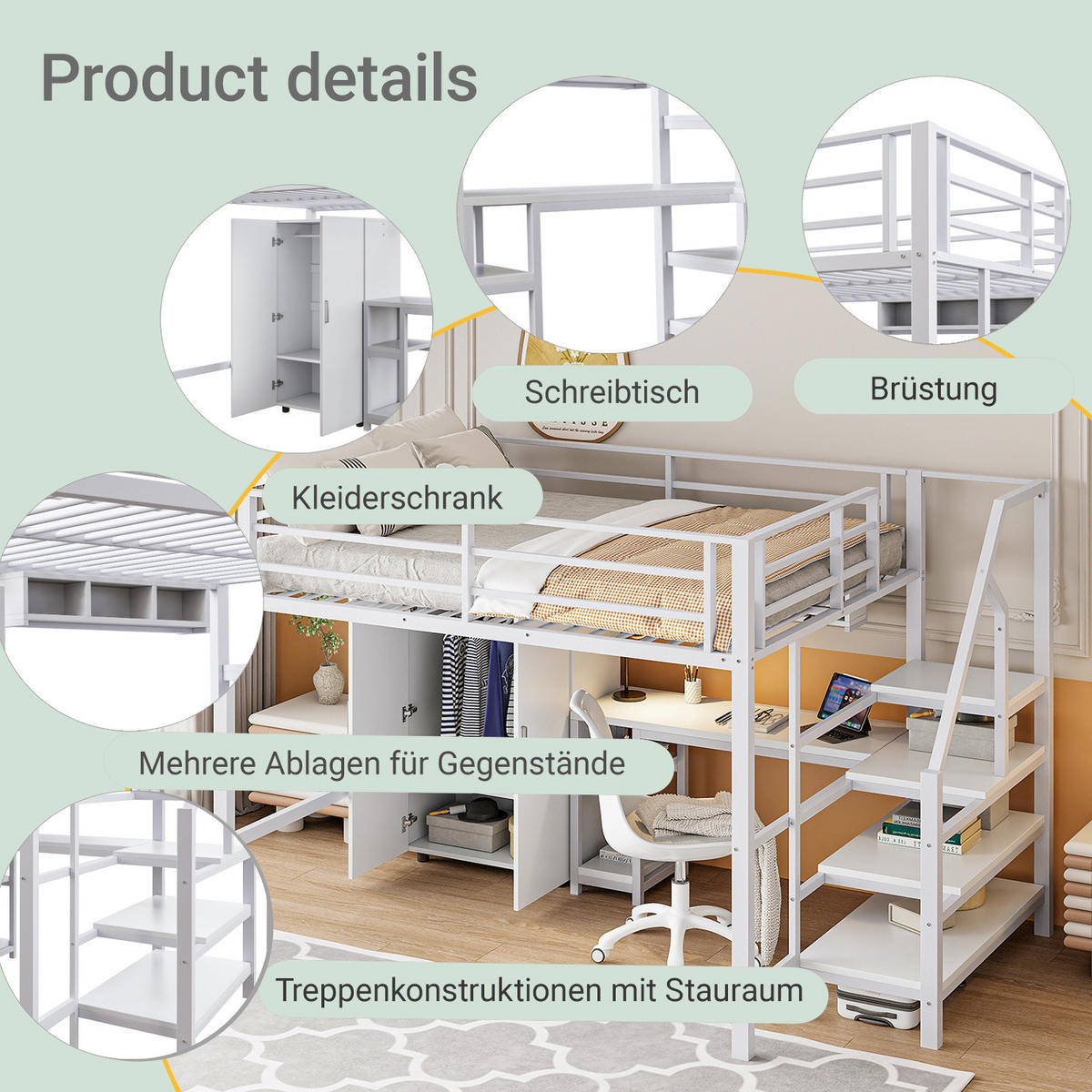 HOCHBETT 140/200 cm Weiß aus Metall mit Schreibtisch - Weiß, Metall (140/200cm) - OKMYHOME