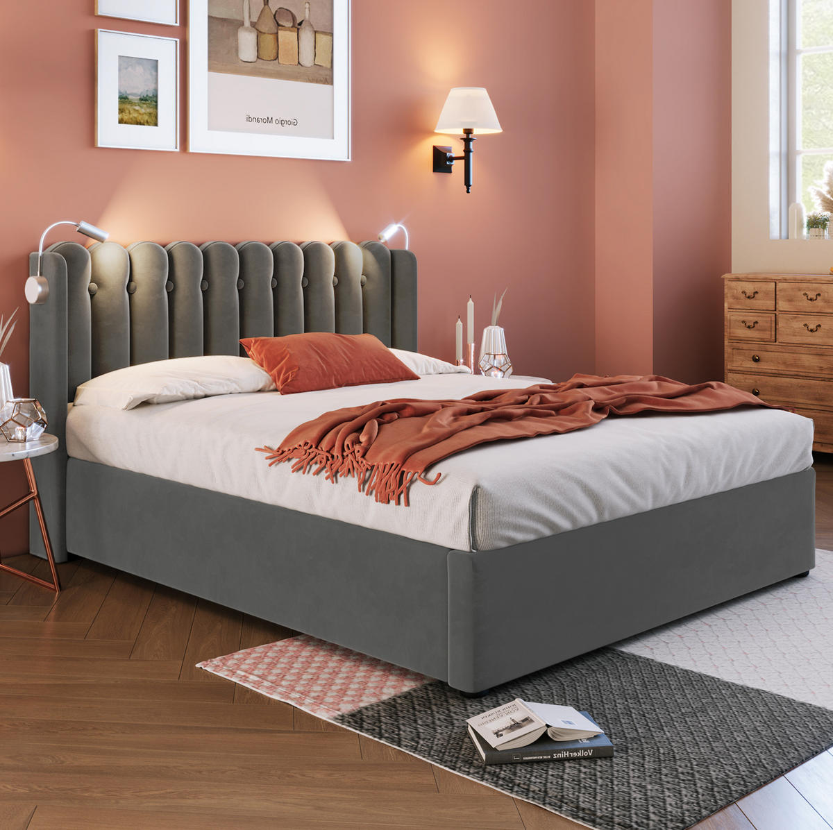 ČALOUNĚNÁ postel 140/200 cm z šedého sametu s LED čtecím světlem, USB a úložným prostorem - šedá, textil (140/200cm) - BEAOK