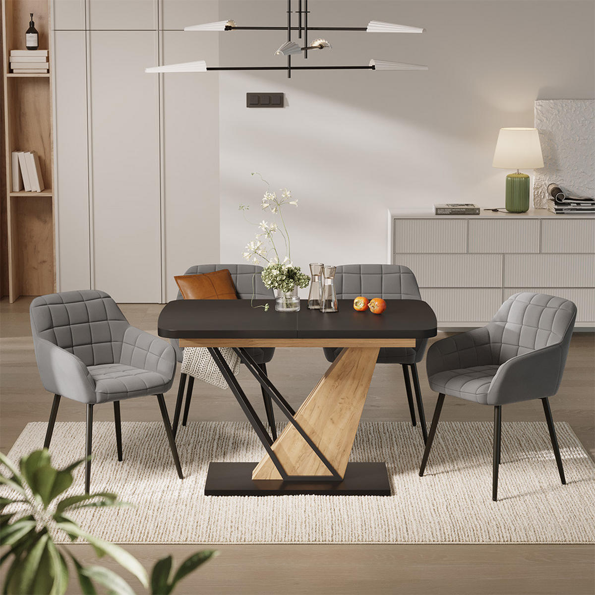 JEDILNA MIZA Fenaro, Črna/Zlati hrast z močjo, 120 x 80 cm s 4 jedilnimi stoli - črna/barve hrasta, leseni material (120/76/80cm) - Vicco