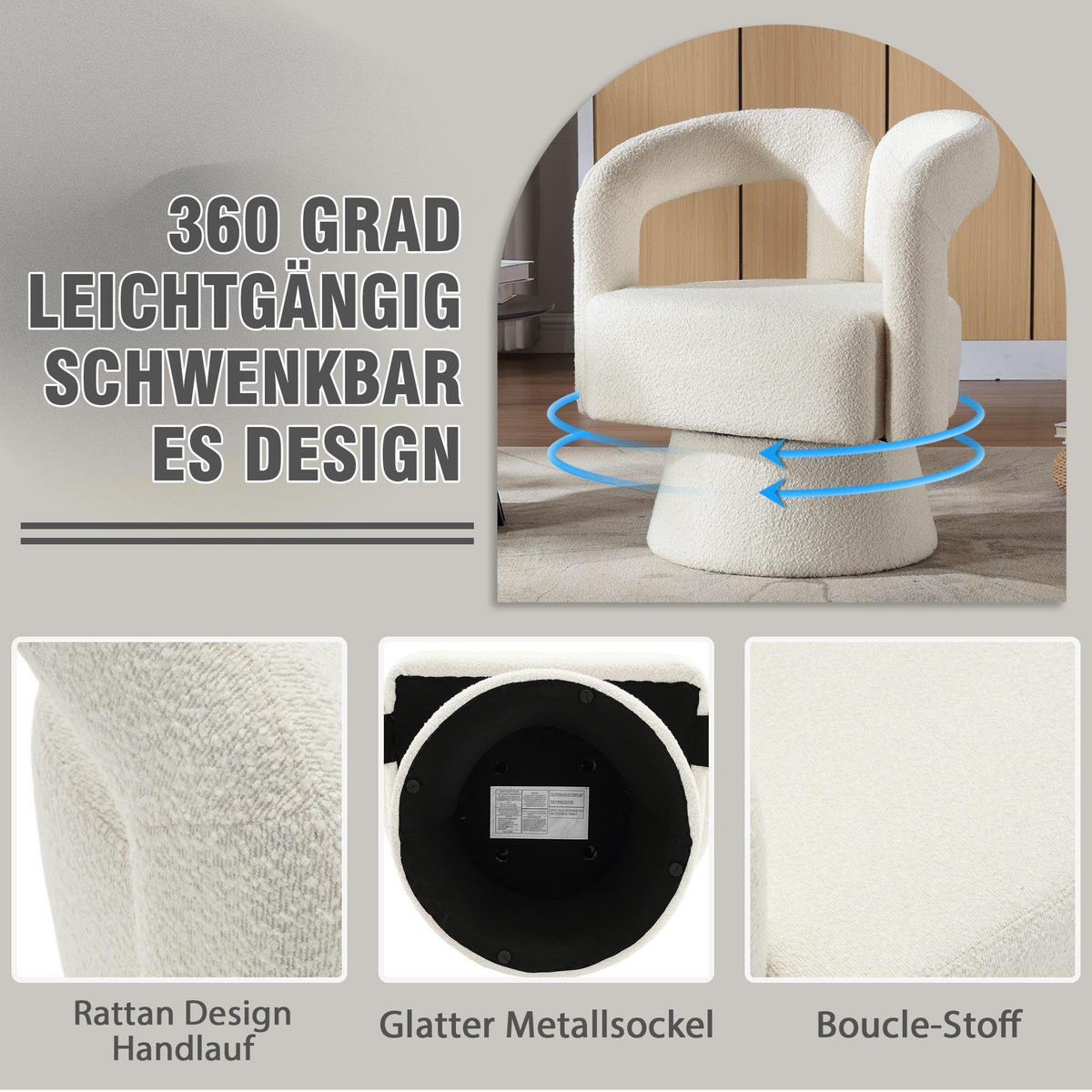 DREHSTUHL 360°Drehsessel Loungesessel mit Polsterung,Boucle,Beige - Beige, Textil (67/74/55cm) - LVHOM