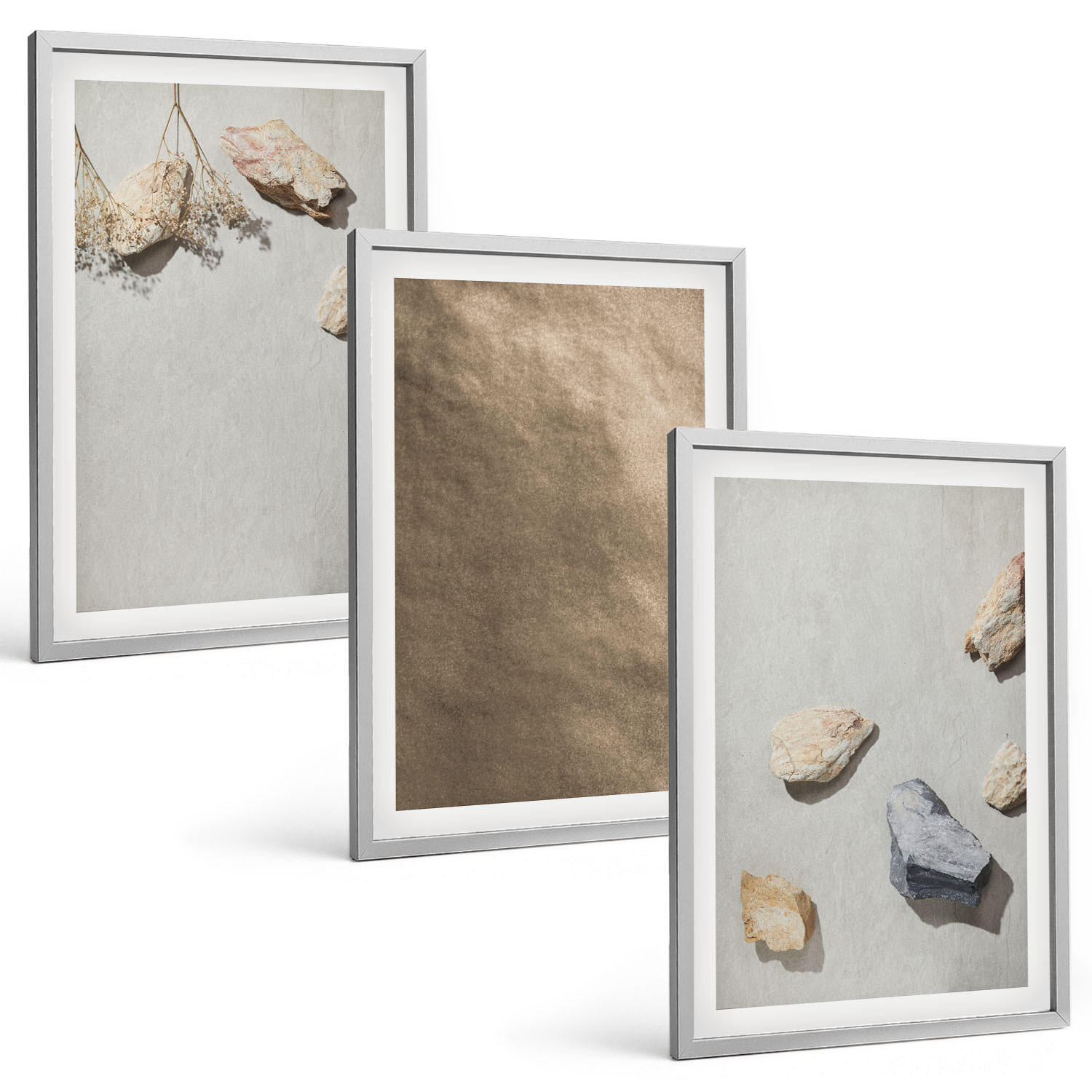 BILDER SET 3er Set - 40x60 cm Silberner Rahmen - Steine Strand natürliche Strukturen - Silberfarben, Kunststoff (40/60cm) - TULUP